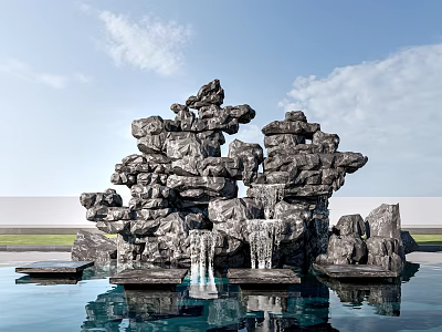 Outdoor Stone Rockery Landscape With Wooden Platforms Water Pool Waterfall And Reflection 3d model