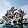 Outdoor Stone Rockery Landscape With Wooden Platforms Water Pool Waterfall And Reflection