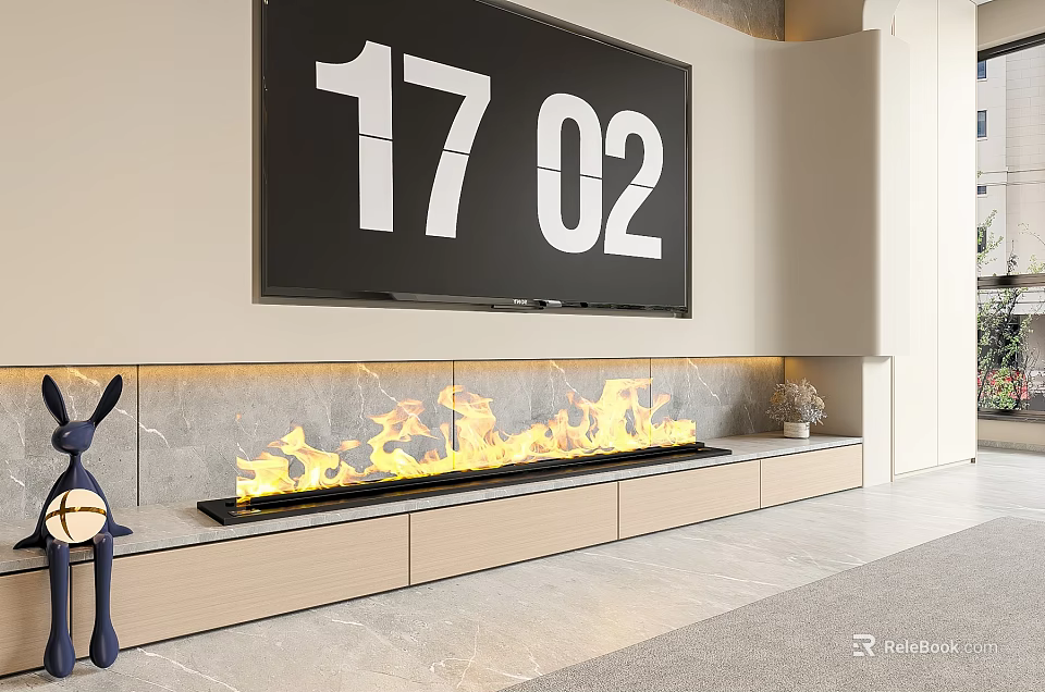 Modern Linear Fireplace With Flames And Cabinetry In Living Space 3d model 