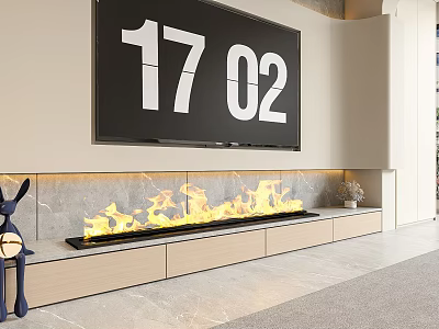 Modern Linear Fireplace With Flames And Cabinetry In Living Space 3d model