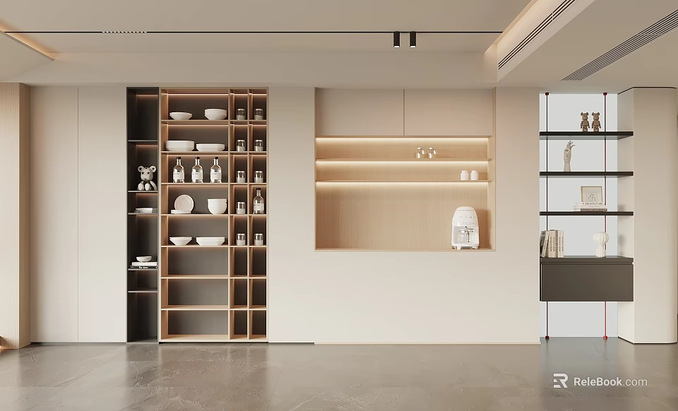 Modern Sideboard With Open Shelves Dishes Bottles LED Lighting And Decorative Items 3d model 
