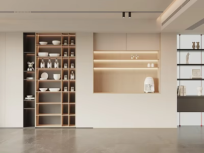 Modern Sideboard With Open Shelves Dishes Bottles LED Lighting And Decorative Items 3d model