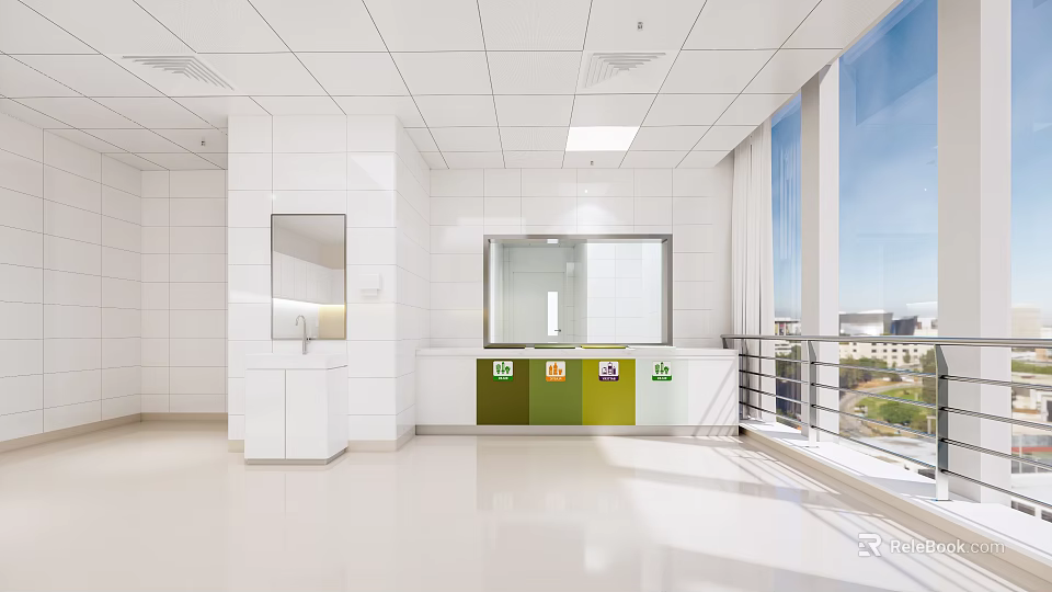 Modern Hospital Outpatient Clinic Clean White Interior Washbasin Sorted Trash Bins Large Windows And Cityscape 3d model 