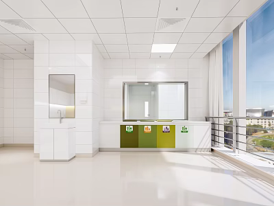 Modern Hospital Outpatient Clinic Clean White Interior Washbasin Sorted Trash Bins Large Windows And Cityscape 3d model