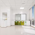 Modern Hospital Outpatient Clinic Clean White Interior Washbasin Sorted Trash Bins Large Windows And Cityscape