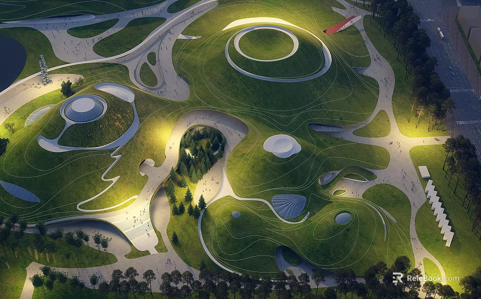 Modern Park Landscape With Green Lawns Curved Pathways Circular Structures And Trees 3d model