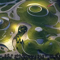 Modern Park Landscape With Green Lawns Curved Pathways Circular Structures And Trees 3d model