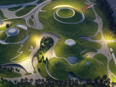 Modern Park Landscape With Green Lawns Curved Pathways Circular Structures And Trees 3d model