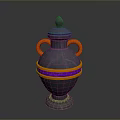 Sculpture Carving of Decorative Gray Vase With Orange Handles And Purple Orange Bands