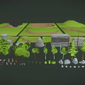 Cartoon Scene Featuring Green Terrain Various Shaped Trees Scattered Rocks And Divided Grass Plots