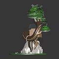 Wooden Treehouse Structure Built On Curved Tree Branch With Ladder And Rock Base