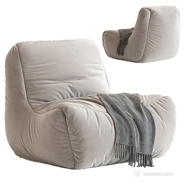 Soft Cozy Beige Velvet Bean Bag Chair With Gray Knit Blanket For Living Room Comfort 3d model 