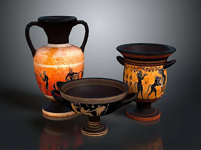 Ancient Greek Vessels With Black Orange Figural Patterns And Various Shapes 3d model