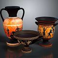 Ancient Greek Vessels With Black Orange Figural Patterns And Various Shapes