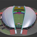 Modern Football Stadium With Large White Roof Blue Stands Green Pitch And Entrance Steps