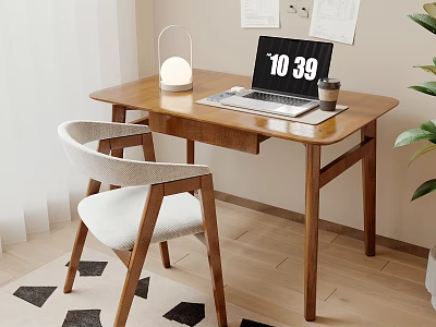 Wooden Study Desk In Home Office With Laptop Table Lamp Coffee Cup And Padded Chair 3d model