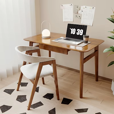 Wooden Study Desk In Home Office With Laptop Table Lamp Coffee Cup And Padded Chair 3d model