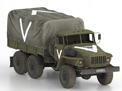 Green Military Transport Truck with Canvas Cover White V Logo and Six Wheels 3d model