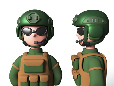 Man As 3D Character Wearing Green Military Helmet Sunglasses With Microphone And Brown Tactical Vest 3d model