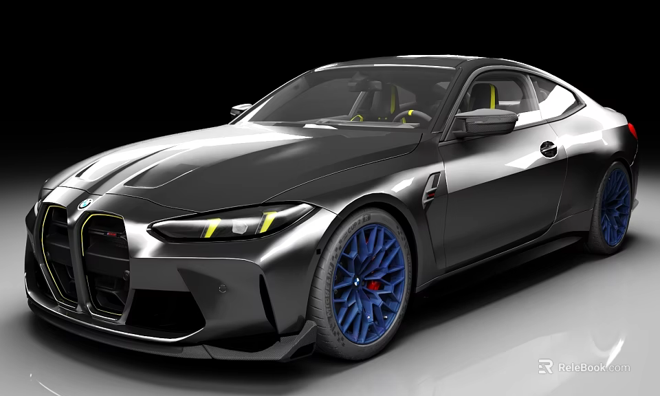 Black BMW Sports Car With Sleek Design Blue Rims And Yellow Seats 3d model 