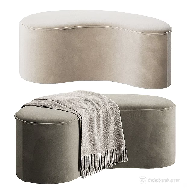 Comfortable Upholstered Beige And Gray Sofa Bench With Soft Blanket And Elegant Design 3d model 