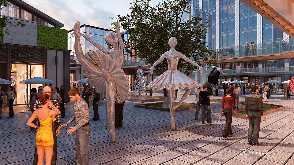 Vibrant Urban Commercial Street with Ballerina Sculptures Pedestrians Modern Buildings and Green Plants 3d model 