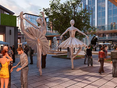 Vibrant Urban Commercial Street with Ballerina Sculptures Pedestrians Modern Buildings and Green Plants 3d model