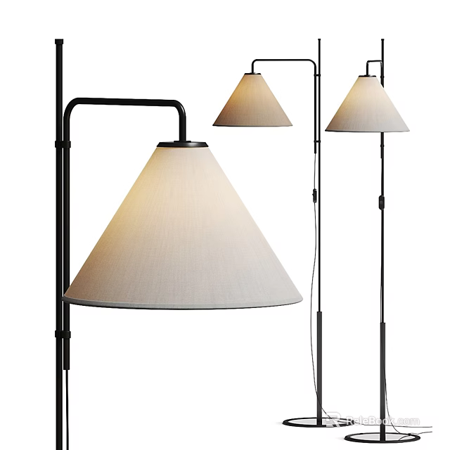 Stylish Modern Floor Lamp With Cone Shaped Fabric Shade And Black Metal Stand 3d model 