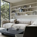 Modern Living Room Interior with Beige Sofa Black Coffee Table and Natural Light Large Windows