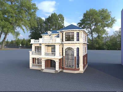 European Style Detached Villa With Blue Roof White Walls And Arched Windows 3d model