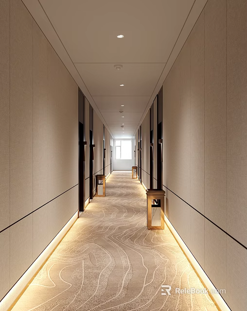 Modern Bright Hotel Corridor With Beige Walls Black Lines Textured Carpet And Wooden Side Tables 3d model 