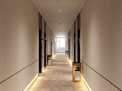 Modern Bright Hotel Corridor With Beige Walls Black Lines Textured Carpet And Wooden Side Tables 3d model