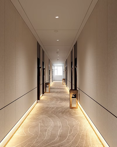 Modern Bright Hotel Corridor With Beige Walls Black Lines Textured Carpet And Wooden Side Tables 3d model
