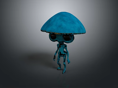 Blue Mushroom Head Game Movie Character With Large Eyes And Slender Body Design 3d model