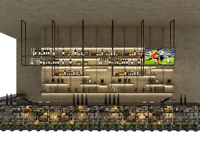 Stylish Bar Counter with Wine Racks Bottles TV Screen Showing Football Match and Decorative Lighting 3d model