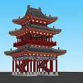 Chinese-style ancient building across the street 3d model