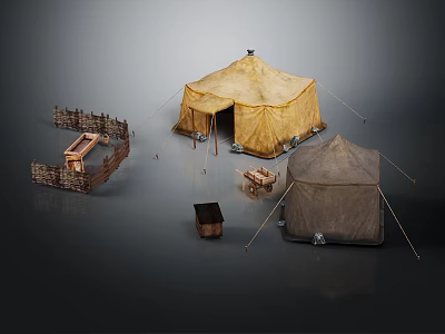 Traditional Camp Scene Components With Tents Wooden Fence And Storage Crates 3d model