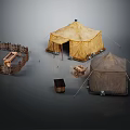 Traditional Camp Scene Components With Tents Wooden Fence And Storage Crates