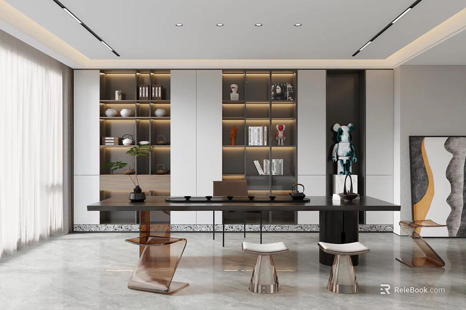 Modern Tea Room With Long Table Cabinets And Stools 3d model