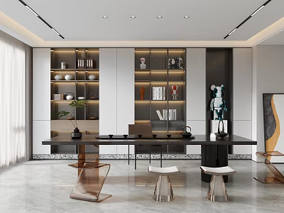 Modern Tea Room With Long Table Cabinets And Stools 3d model