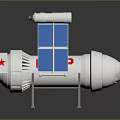 White Spacecraft Model With Blue Panels Red Star Cylindrical Structure And Support Stands 3d model