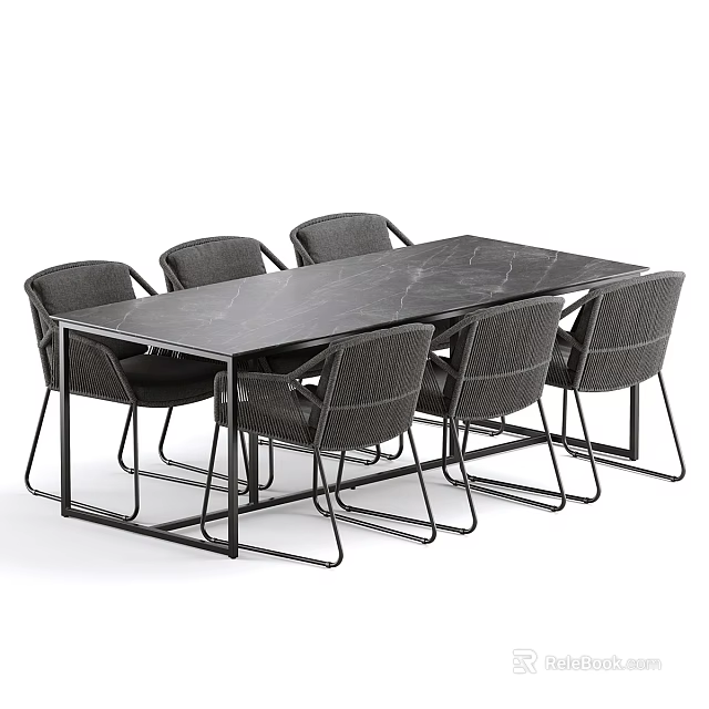 Modern Minimalist Dining Table Set With Rectangular Marble Top And Six Grey Chairs 3d model