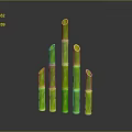 Green Bamboo Stems in Tower like Arrangement with Gray Background and Reflective Surface