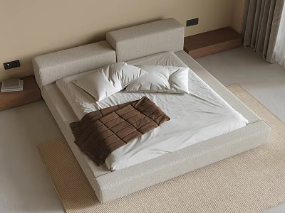 Beige Upholstered Double Bed with Headboard Cushions White Sheets Brown Quilt and Wooden Nightstands 3d model
