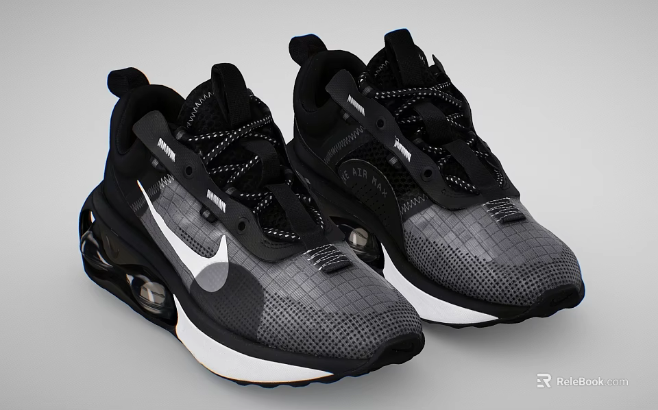 Modern Black Gray White Sports Shoes With Mesh Upper And Air Cushion Sole 3d model 