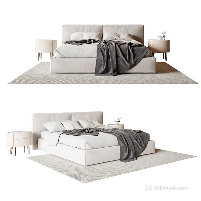 Modern White Double Bed Interior With Gray Blanket Nightstands And Rug 3d model