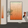 Orange Wavy Abstract Painting In Modern Interior With Metallic Chair Green Plant And Wooden Wall