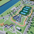 Park Landscape With Green Lawns Colorful Circular Paths Trees Colorful Paved Areas And Waterfront