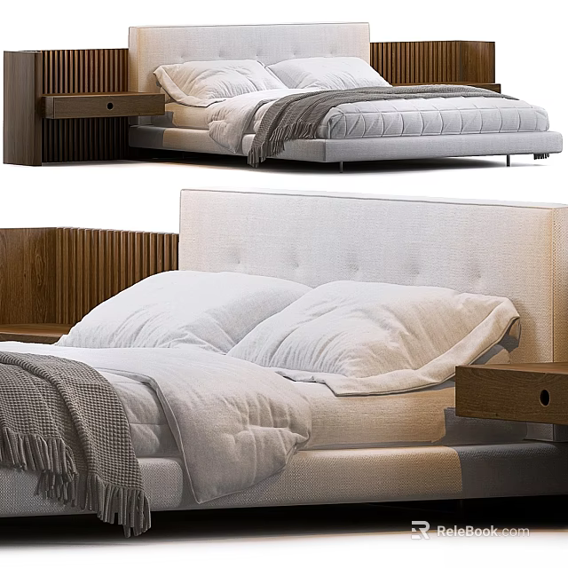Modern Double Bed With Fabric Headboard White Bed Linens And Wooden Nightstand 3d model 