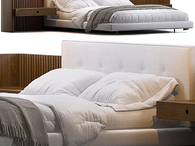 Modern Double Bed With Fabric Headboard White Bed Linens And Wooden Nightstand 3d model